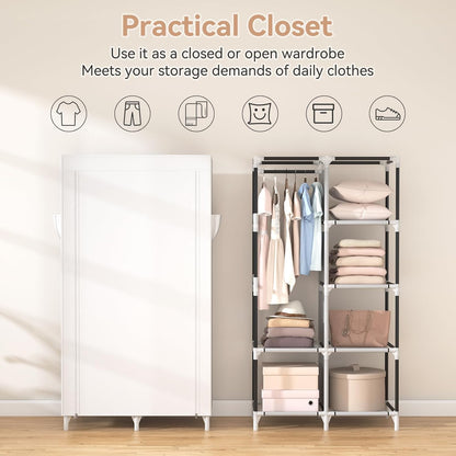 ROJASOP Portable Closet Wardrobe Closet for Hanging Clothes with 6 Storage Shelves, 1 Hanging Rod and 4 Pockets, Free Standing Closet Clothes Organizer for Bedroom, Sturdy and Easy Assemble