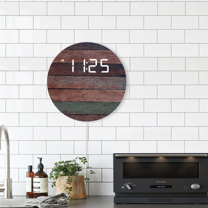 DMDMBSR Digital Wall Clock, USB Powered Vintage Plank Striped Rattan Design, 12/24Hr Wall Mounted Digital Clock, LED Wooden Silent Wall Clock for Kitchen Living Room Bedroom Classroom Office (10 in)