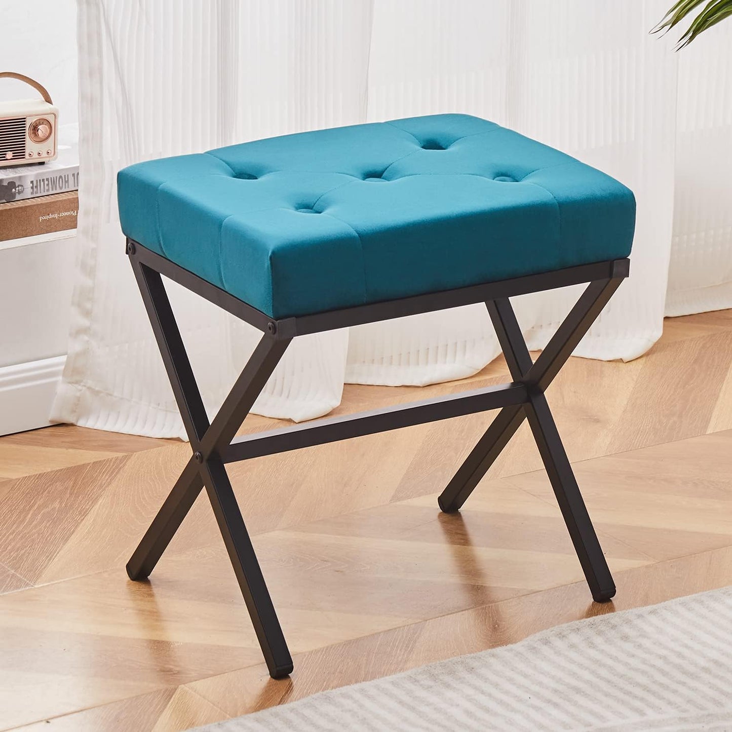 Cpintltr Ottoman Foot Stool Tufted Vanity Stool Ottomans Thickened Cushion Footstool Mulifunctional Shoe Changing Seat Step Stools with Metal X Leg for Living Room Bedroom Faux Leather Black