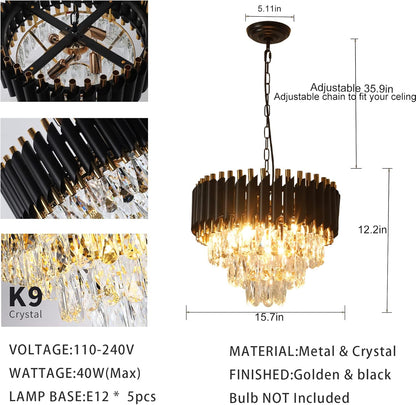 Modern Crystal Chandeliers Gold Black Crystal Chandeliers 3-Tier Round Crystal Chandelier Ceiling Light Fixture Crystal Pendant Light Fixture for Dining Room Living Room Bedroom Foyer Hallway W15.7"