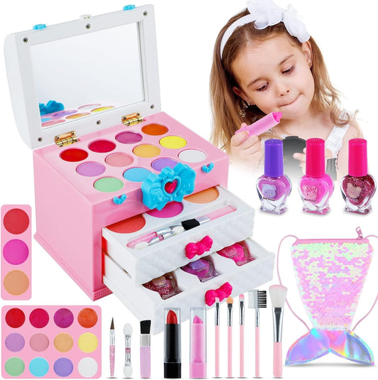 Washable Kids Makeup Kit for Little Girls 3-8, Real Makeup Toy Set with Portable Makeup Box, Lipsticks, Brushes and Mirror for Kids Toddlers Pretend Play Birthday Christmas