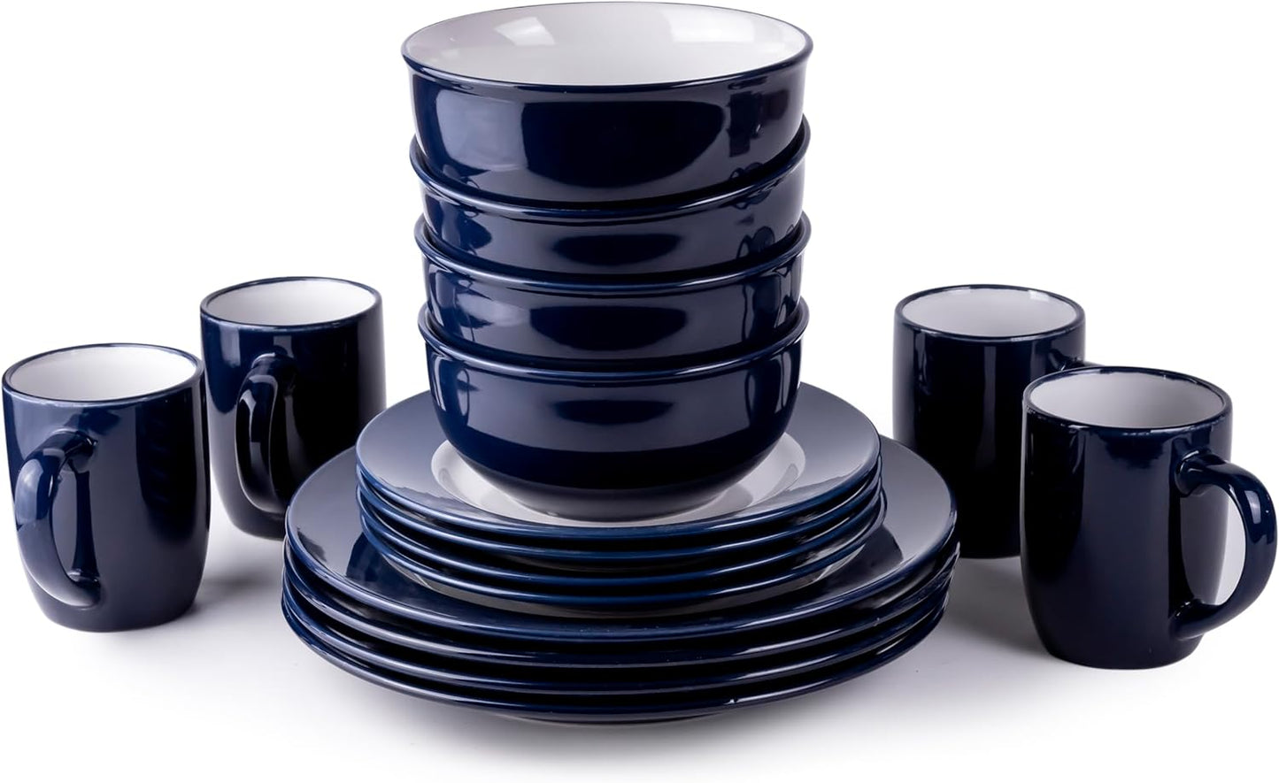 Bone China 16-Pieces Stoneware Dinnerware Set, Dinner Set, Kitchen Dinnerware Ceramic Crockery Set, Dinner Service Set for 4, 26cm Dinner Plate, 20cm Plate, Cereal Bowl, Mug CIRCLE BLUE