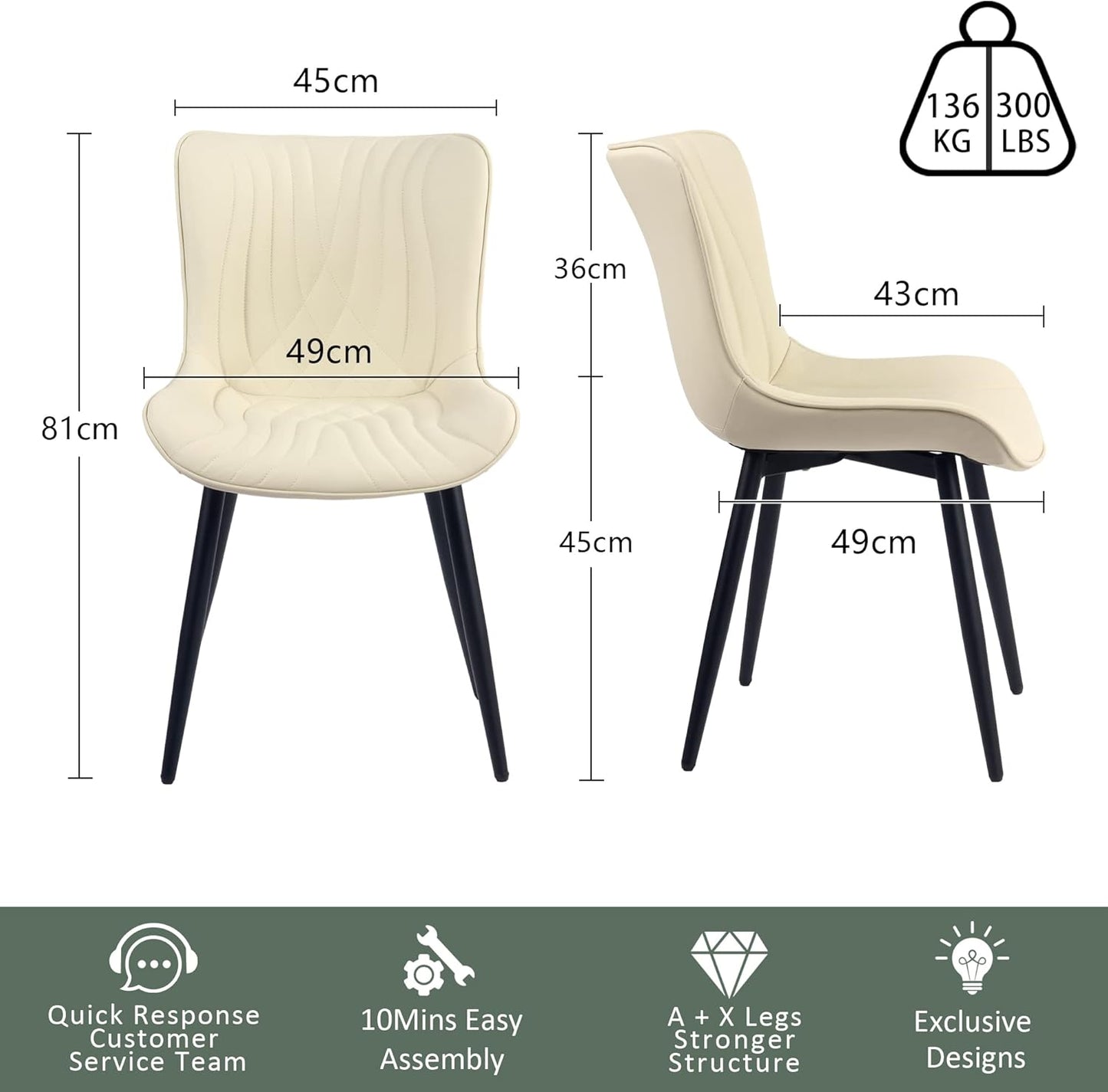 YOUTASTE Dining Chairs Set of 2 Faux Leather Upholstered Kitchen Dining Room Chairs Mid Century Modern Style with Metal Legs and High Back for Restaurant Living Room Bedroom,Beige