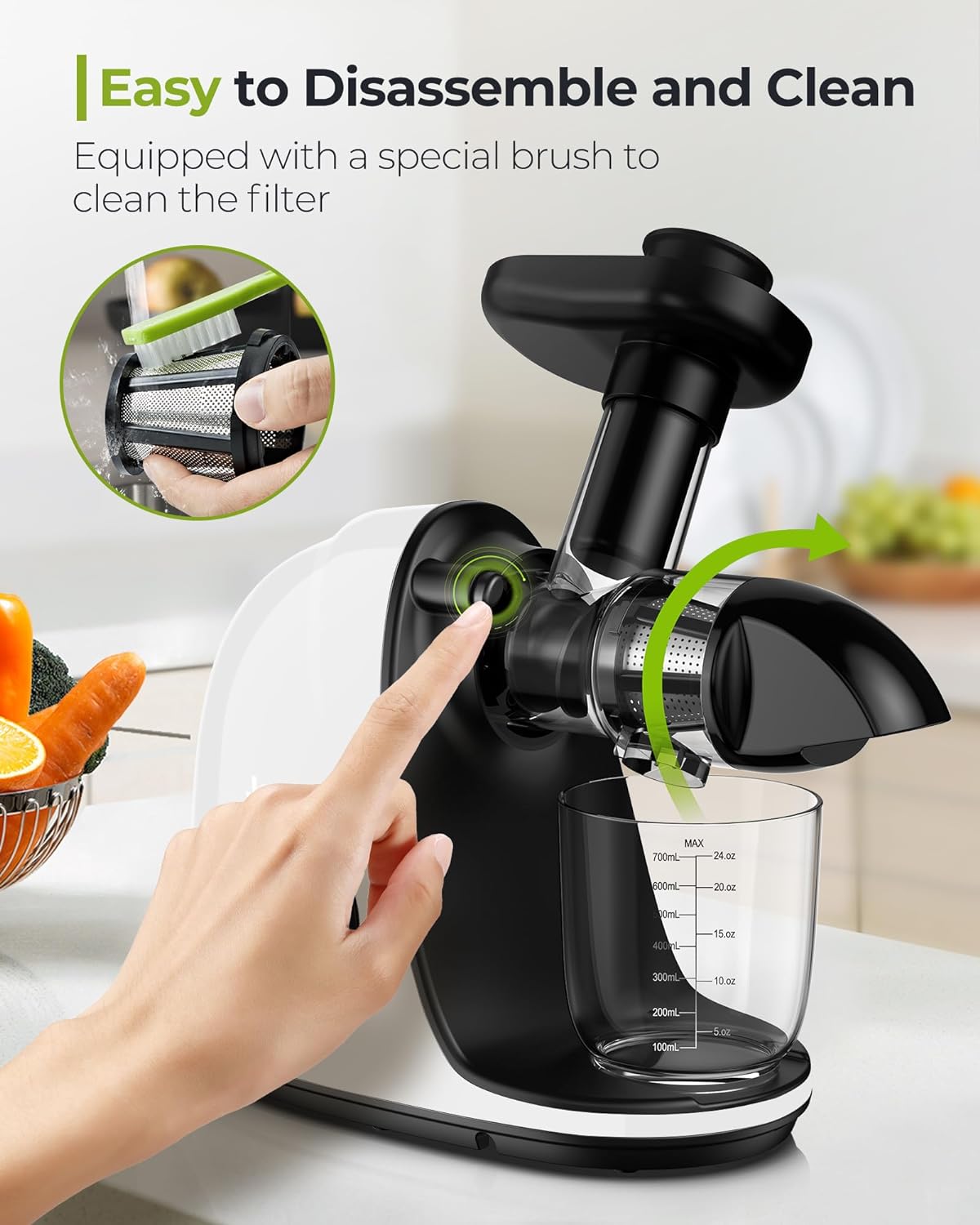 Jocuu Slow Masticating Juicer with Soft/Hard Modes Easy to Clean Quiet Motor & Reverse Function, Cold Press Juicer for Fruit & Vegetable, 90% Juice Yield, with Brush & Recipes (Gray)