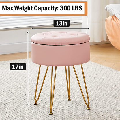 Cpintltr Faux Leather Storage Ottoman Round Footrest Stool Multifunctional Upholstered Ottoman with Metal Legs Modern Vanity Stools Tray Top Coffee Table Suitable for Living Room Bedroom Black