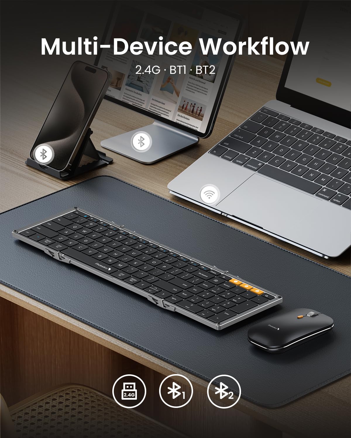 Foldable Keyboard and Mouse, ProtoArc XKM01 Folding Bluetooth Keyboard Mouse Combo for Business and Travel, 2.4G+Dual Bluetooth, USB-C Rechargeable, Full-Size Portable Keyboard for Laptop iPad Tablet