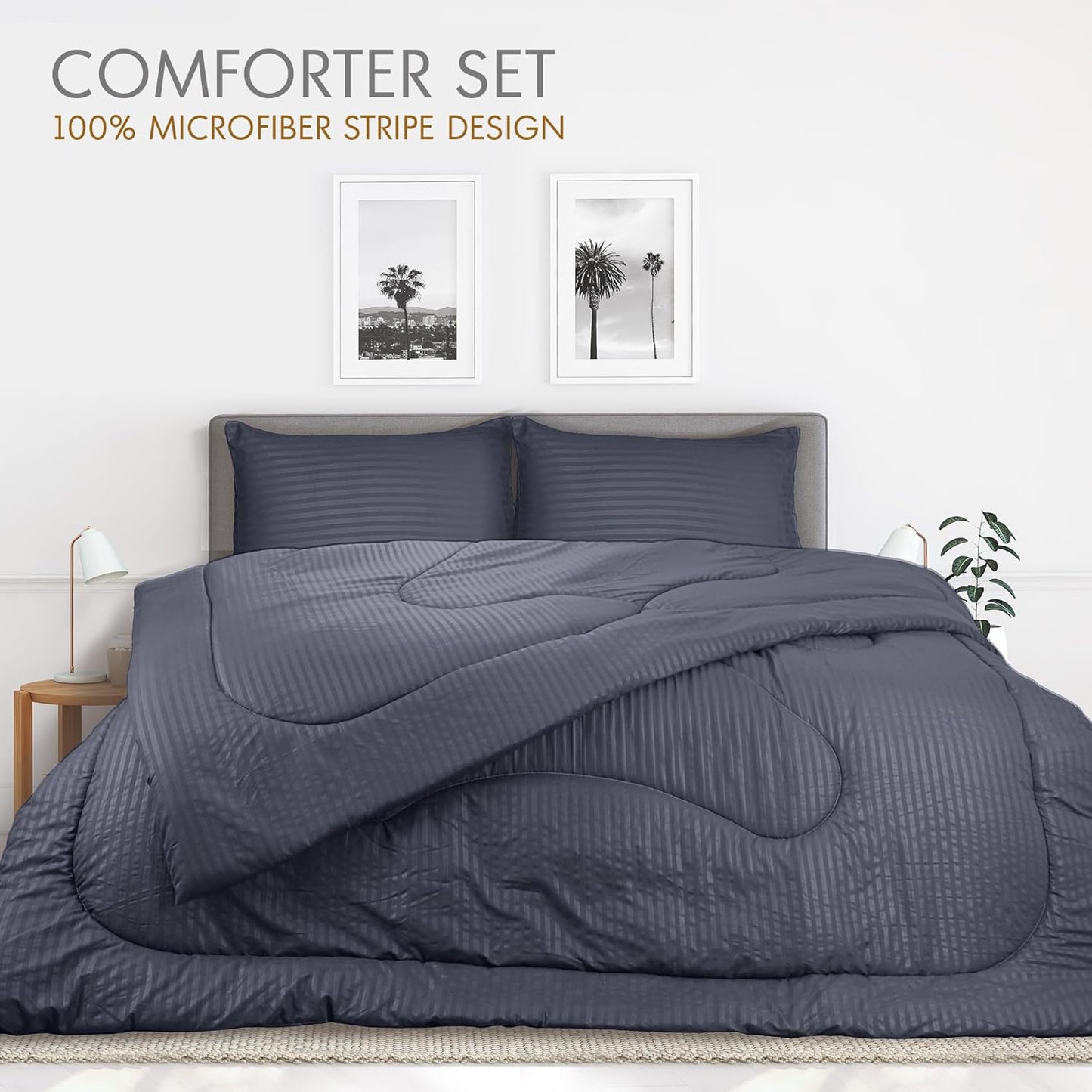 Hotel Linen Klub Down Alternative Comforter Set -Ultra Soft Brushed Stripe Microfiber Fabric, 200GSM Soft Fibersheet Filling, Size : King 240 x 260cm, Color: Dark Grey