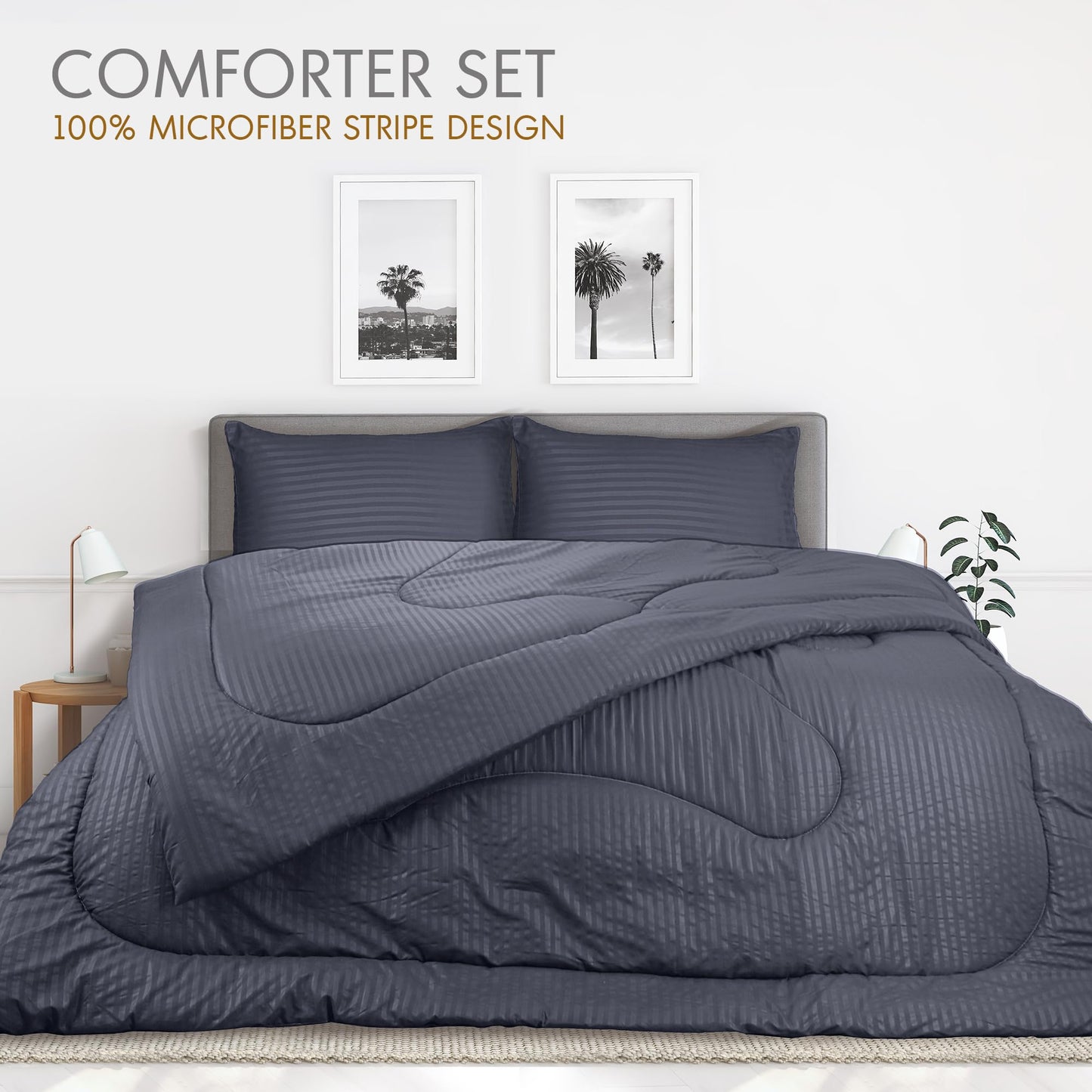 Hotel Linen Klub Down Alternative Comforter Set -Ultra Soft Brushed Stripe Microfiber Fabric, 200GSM Soft Fibersheet Filling, Size : King 240 x 260cm, Color: Dark Grey