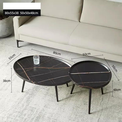 LEDIN Tea Table High Low Coffee Table 2PC Round Oval Side Table Sofa Dormitory Small Household Office Balcony (black texture, 80X55X38CM/50X50X48CM)