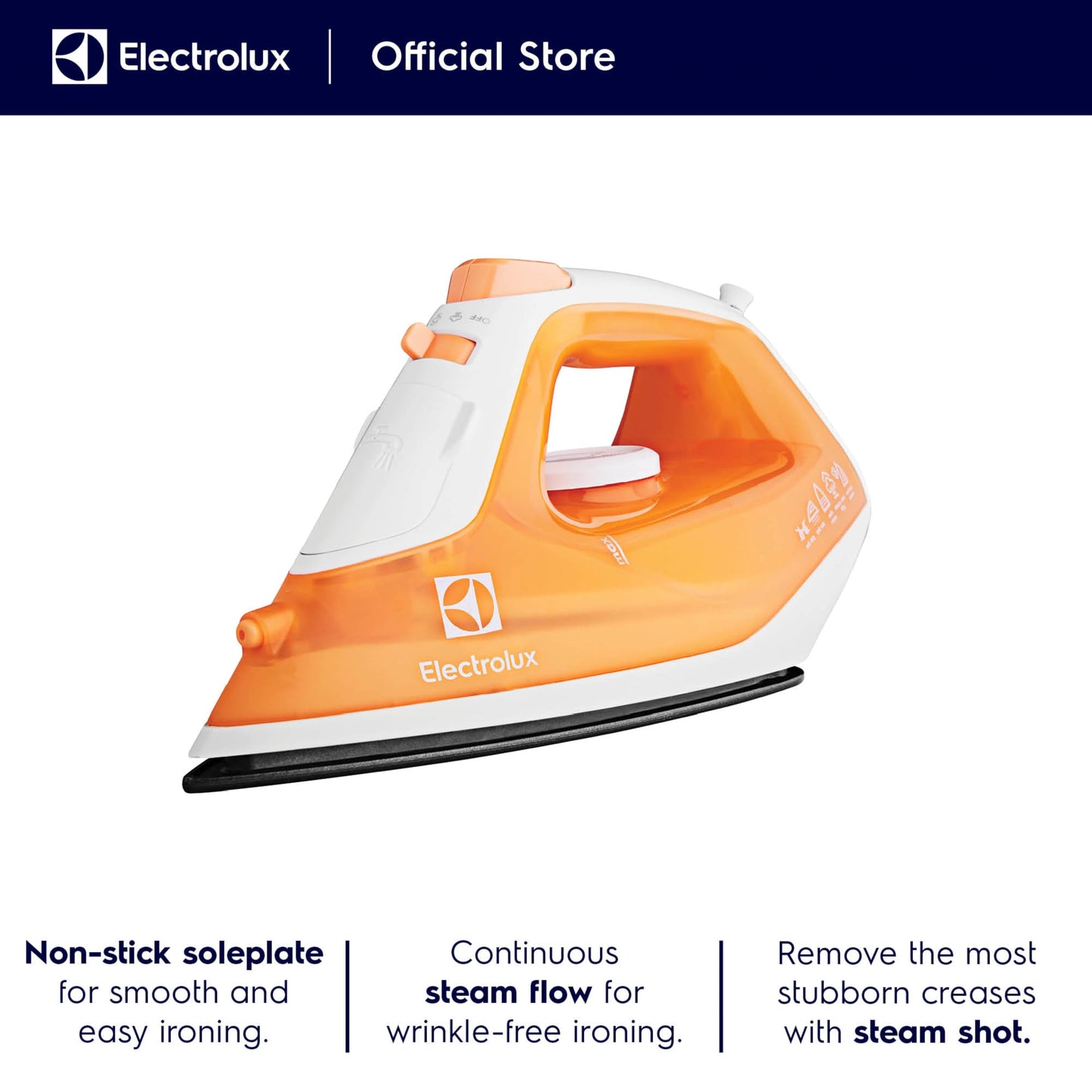 ELECTROLUX Steam Iron 1600W, Non Stick Ceramic Plate, Mechanical Knob, 1.8m Cord Length, 1 Axis Rotation Card, Water Tank, Steam Technology and Steam Shot 80 gm, Pilot Lamp, Orange, ESI4007