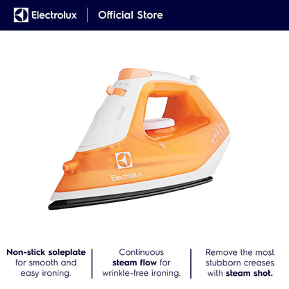 ELECTROLUX Steam Iron 1600W, Non Stick Ceramic Plate, Mechanical Knob, 1.8m Cord Length, 1 Axis Rotation Card, Water Tank, Steam Technology and Steam Shot 80 gm, Pilot Lamp, Orange, ESI4007