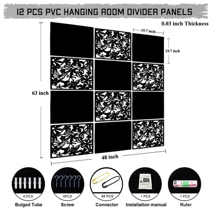 LRZCGB (Black+soild Board) - LRZCGB Hanging Room Divider,12pcs PVC Black Solid and Cut Panel Screen for Decorating Living, Dining, Study and Sitting-Room, Hotel(Black+Soild Board)