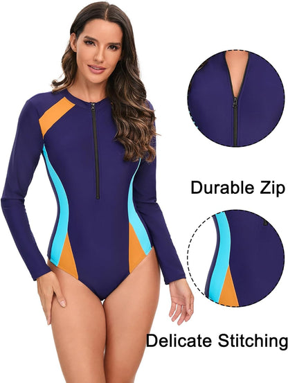 Maeau Women's Long Sleeve Rash Guard UV Protection Zipper Printed Surfing One Piece Swimsuit Bathing Suit