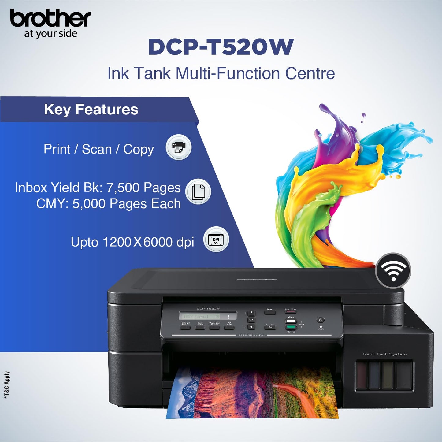 Brother Wireless All In One Ink Tank Printer, DCP-T520W, Mobile & Cloud Print And Scan, High Yield Ink Bottles - CaveHubs