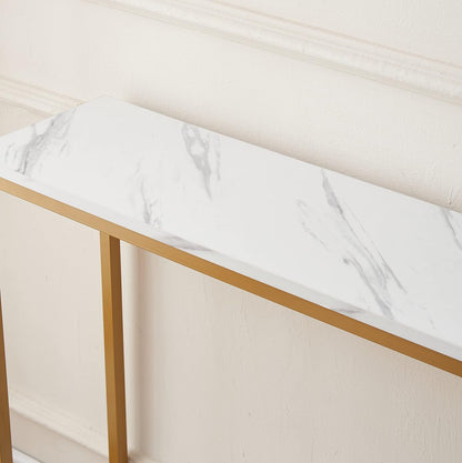 loglus Console Table for Entryway, Faux Marble MDF Sofa Table with Golden Frame (Double Layer, White Marble)