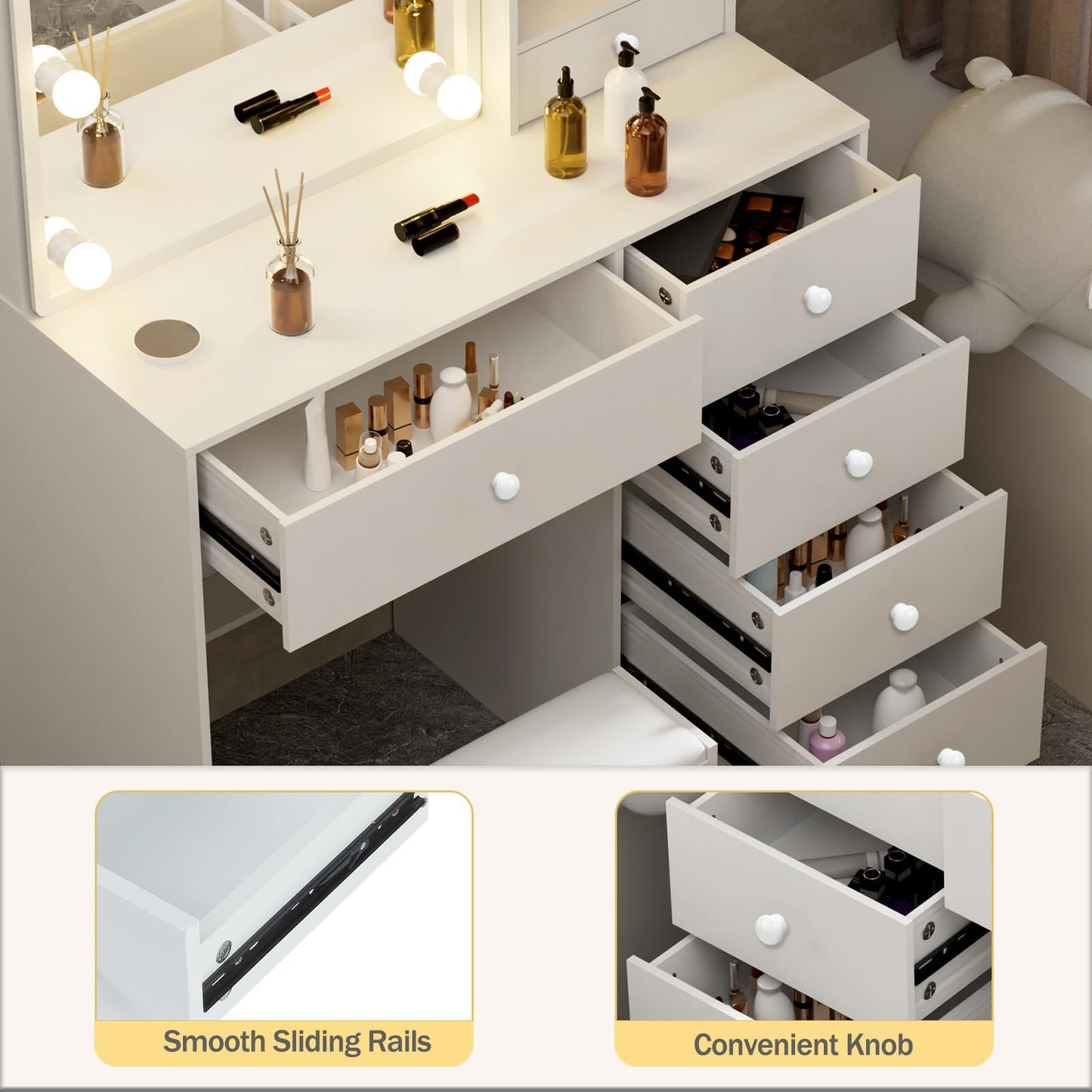 LIANWANG Dressing Table with LED Lighting, 3 Colour Temperatures, Adjustable Brightness, Dressing Table with Mirror for Make-Up, 6 Drawers, 1 Stool, 131 x 80 x 36 cm, White