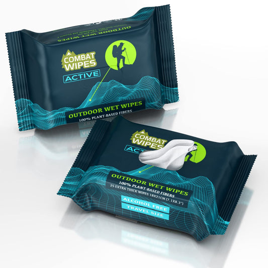 Combat Wipes ACTIVE Outdoor Wet Wipes | Extra Thick,Ultralight,Biodegradable,Body & Hand Cleansing/Refreshing Cloths for Camping, Gym & Backpacking w/Natural Aloe & Vitamin E(2 packs, 25 wipes each)