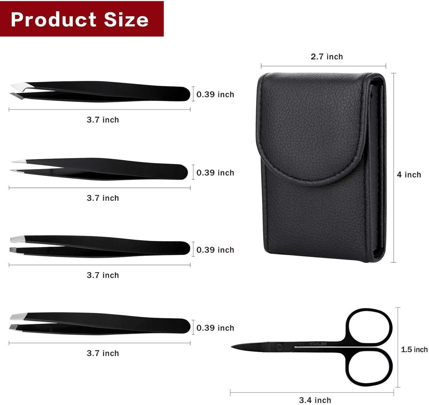 Tweezers Set-5 Pieces Professional Stainless Steel Tweezers with Curved Scissors,Best Precision Tweezer for Eyebrows,Splinter and Ingrown Hair Removal with Leather Travel Case