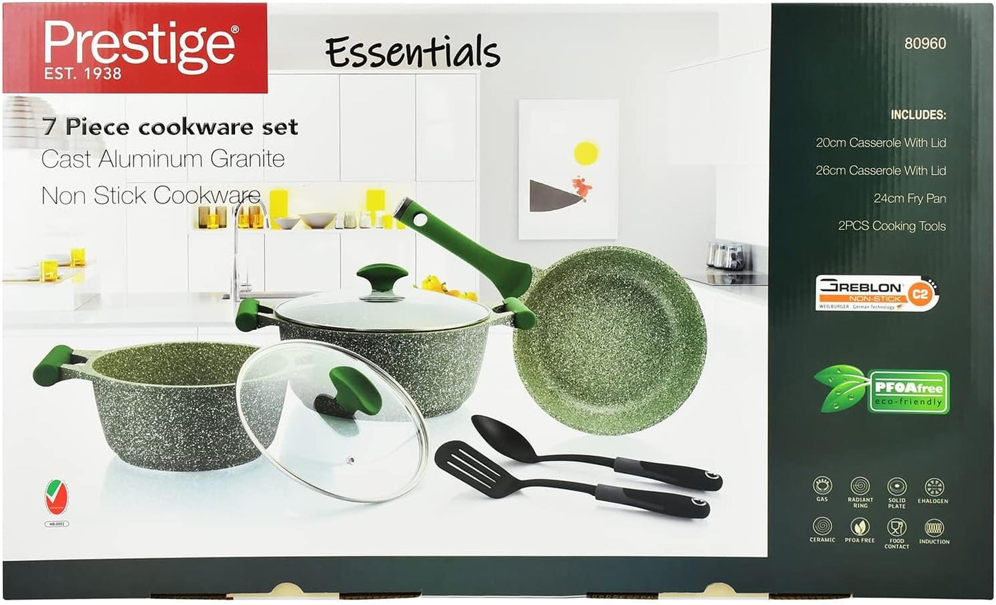 Prestige Essentials Granite 7 Piece Non-Stick Cast Aluminium Cookware sets | Induction Base | Non Stick Aluminium | Granite Casserole | Fry Pan - Green