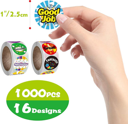 IBAMA 1000Pcs Reward Stickers for Teachers Incentive Stickers Supplies for Classroom Motivational Stickers Classwork Award Stickers Kids School Training Encouraging Round Cartoon Words Design-2 Roll