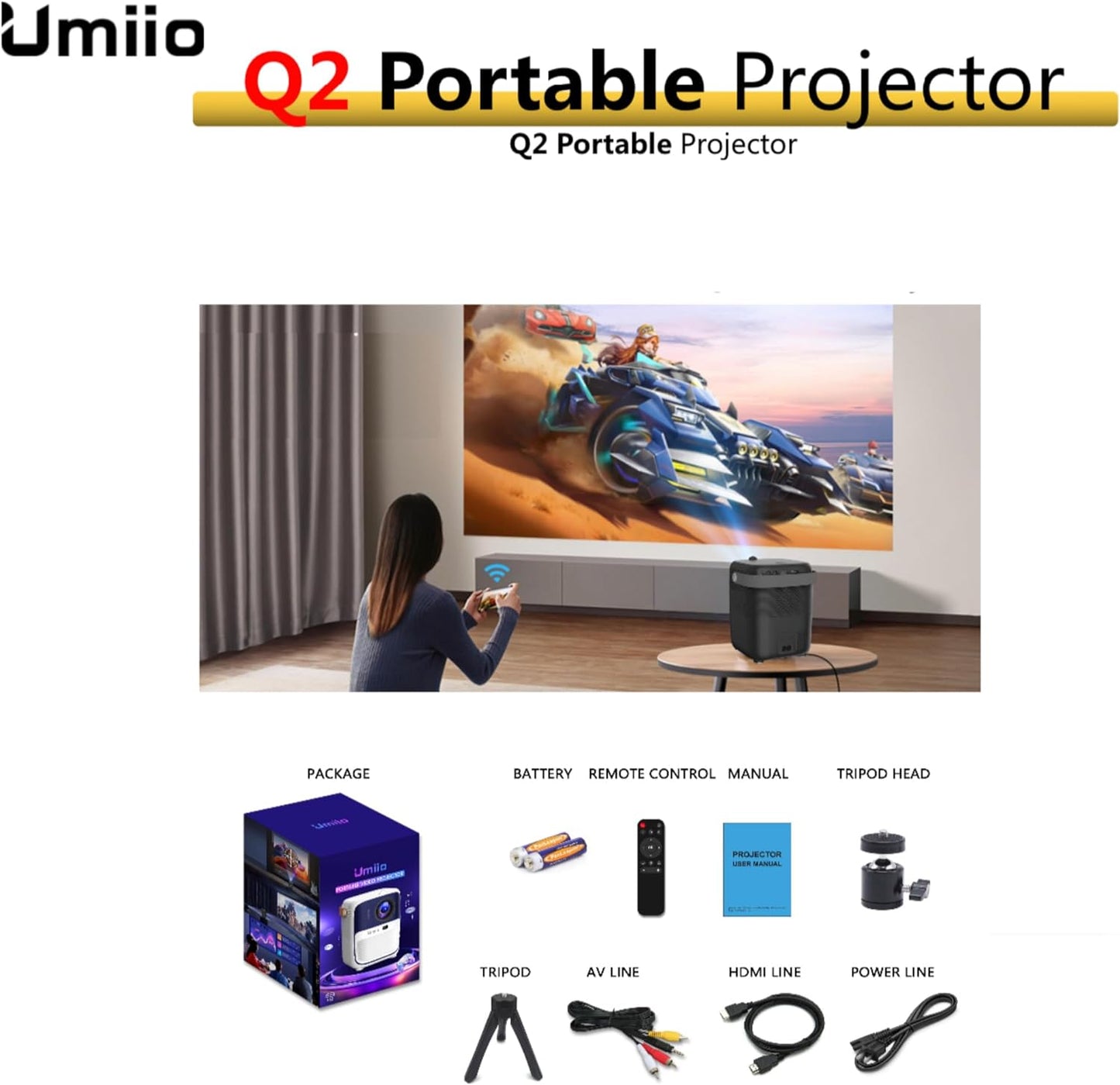 Affordable Projector,Umiio Q2,Bluetooth Quadrangle Trapezoid 5M Projection Distance 1080P Resolution Portable Outdoor Movie Projector Compatible with Smartphone, HDMI,USB,AV,Fire Stick (White)