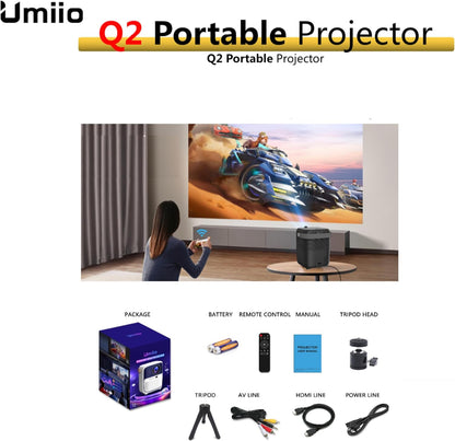 Affordable Projector,Umiio Q2,Bluetooth Quadrangle Trapezoid 5M Projection Distance 1080P Resolution Portable Outdoor Movie Projector Compatible with Smartphone, HDMI,USB,AV,Fire Stick (White)