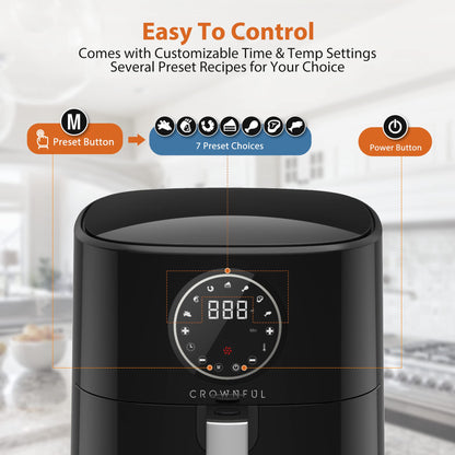 CROWNFUL Air Fryer 4.5L 1500W 220V Air Fryers 7 Presets and 53 Recipes, Temperature & Time Control, LCD Digital Touch Screen, Best for Frying, Grilling, Roasting, Baking, 1 year warranty