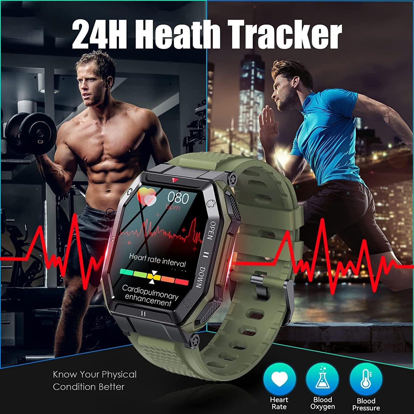 Military Smartwatch for Men with Call Answer/Make Outdoor Tactical Sports Watch Rugged 1.85" HD Heart Rate Fitness Tracker Smart Watch Compatible with iPhone Samsung Android (Black)