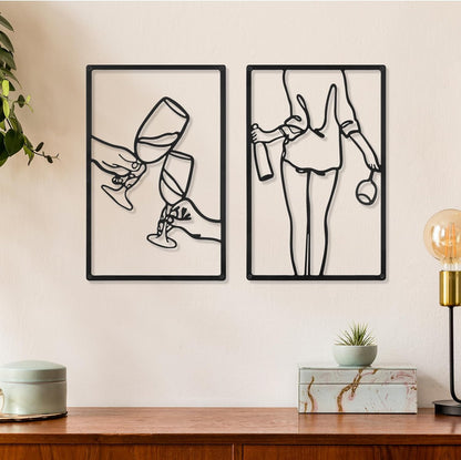 CHENGU 3 Pieces Metal Minimalist Abstract Woman Wall Art Line Drawing Wall Art Decor Single Line Female Home Hanging Wall Art Decor for Kitchen Bathroom Living Room (Black, Hand)