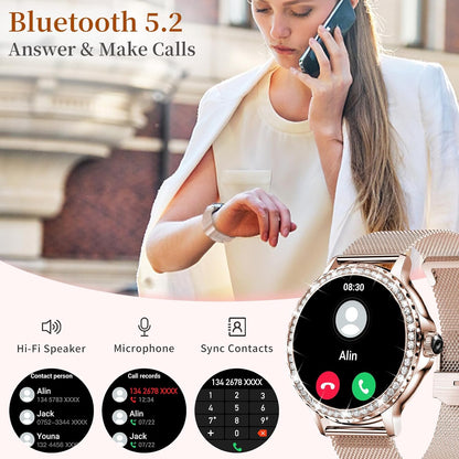 Efolen Smart Watches for Women with Diamonds (Answer/Make Call), 1.3'' Bluetooth Smartwatch for Android iOS, Waterproof Fitness Watch with Heart Rate/SpO2/Sleep/BP/AI Voice (Rose Gold)