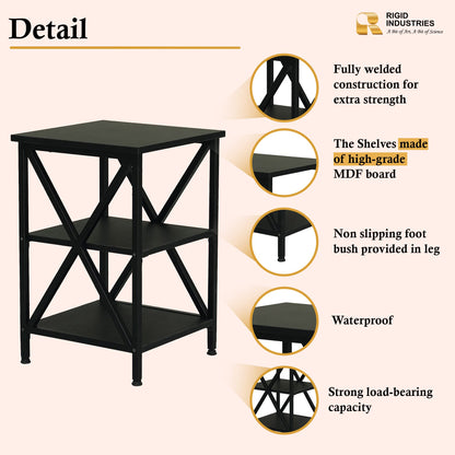 RIGID Side Table with Storage, End Table, Nightstand with X-Shaped Steel Frame, for Living Room, Bedroom, Farmhouse 3-Tie