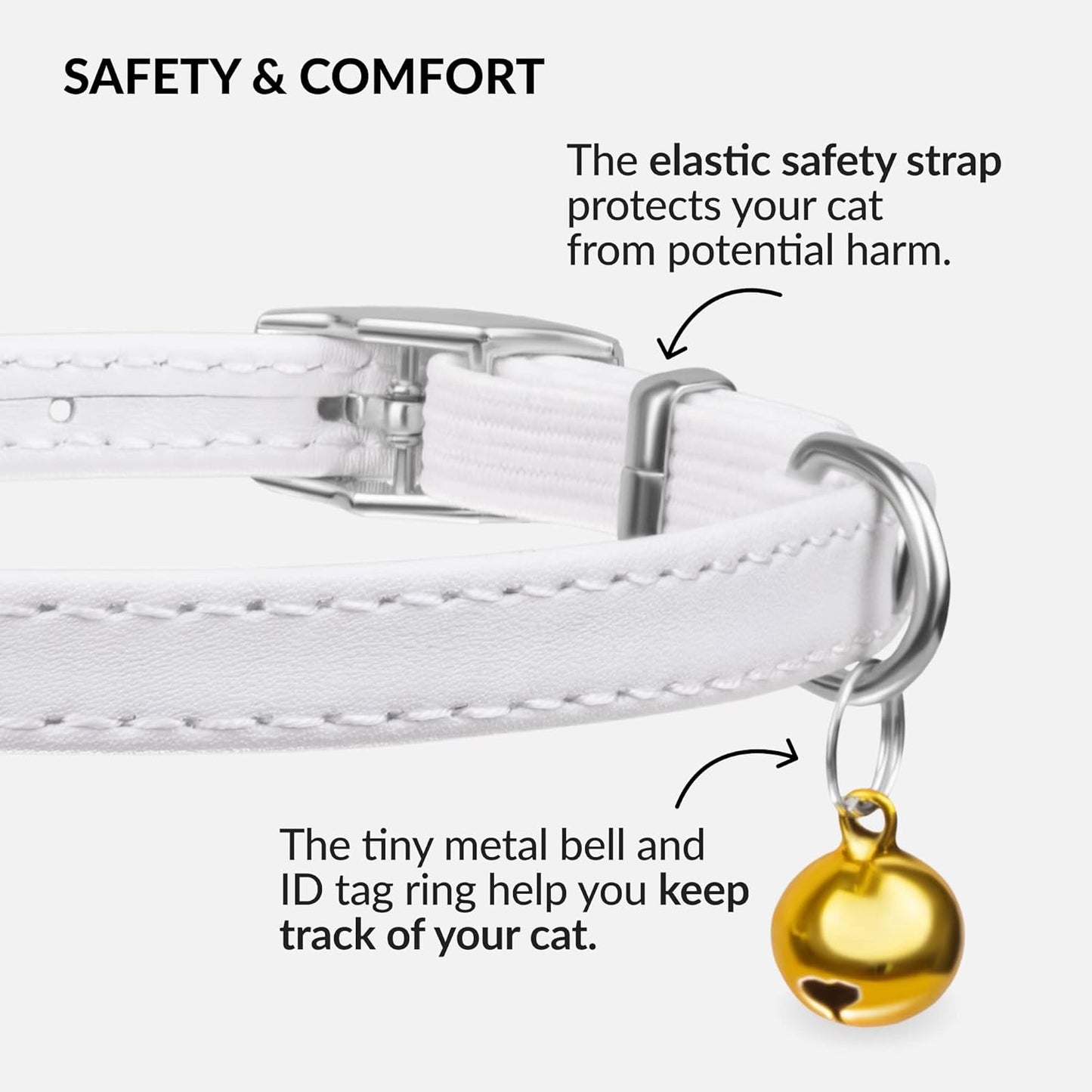 CollarDirect Leather Cat Collar with Elastic Safety Strap and Bell for Boy, Girl, Kitten (Neck Fit 9"-11", White)