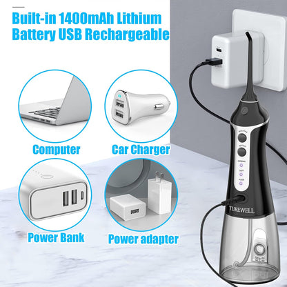 Water Flosser Cordless Dental Oral Irrigator - TUREWELL 300ML Portable and Rechargeable IPX7 Waterproof Teeth Cleaner, 2 Minutes Auto Shut-Off for Travel & Family Use