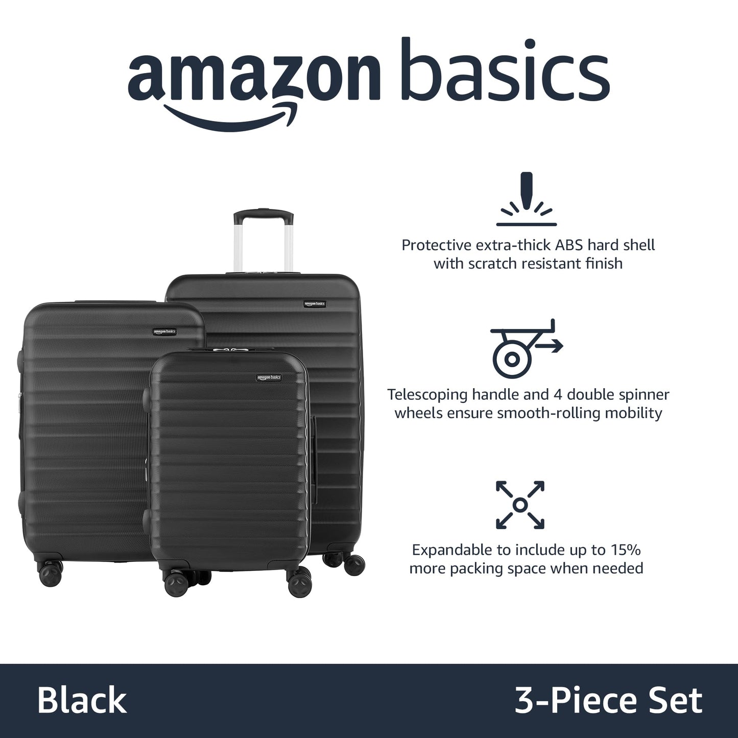 Amazon Basics 3-Piece Set Hardside Spinner- 20/24/28 Inch (50/60/71 cm) Material: ABS, Orange