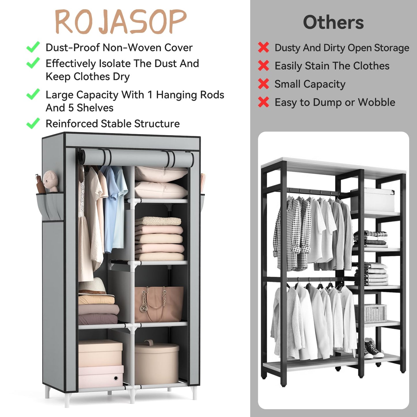 ROJASOP Portable Closet Wardrobe Closet for Hanging Clothes with 6 Storage Shelves, 1 Hanging Rod and 4 Pockets, Free Standing Closet Clothes Organizer for Bedroom, Sturdy and Easy Assemble