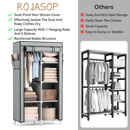 ROJASOP Portable Closet Wardrobe Closet for Hanging Clothes with 6 Storage Shelves, 1 Hanging Rod and 4 Pockets, Free Standing Closet Clothes Organizer for Bedroom, Sturdy and Easy Assemble