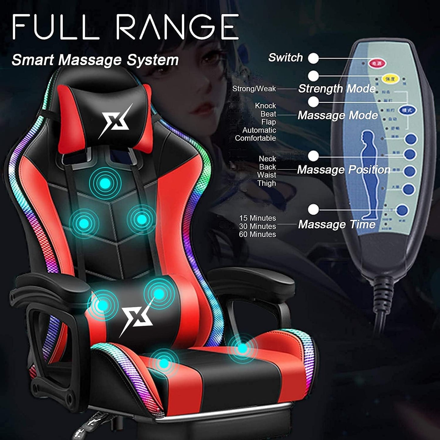 COOLBABY Gaming Chair LED Light Racing Chair,Ergonomic Office Massage Chair,Lumbar Support and Adjustable Back Bench,Bluetooth Speaker…