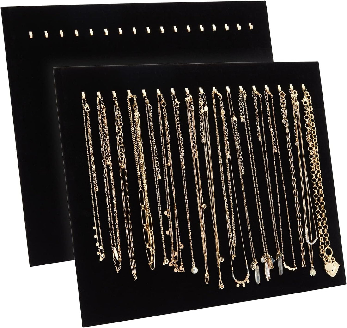 Necklace Organizer - 2-Pack 17 Hooks Velvet Necklace Board, Holder, Display Stand, Tray, for Bracelets, Chockers, Chains, Jewelry Storage, Show, Retail, Shop, Home, Black, 14.6 x 11.9 x 4.5 Inches