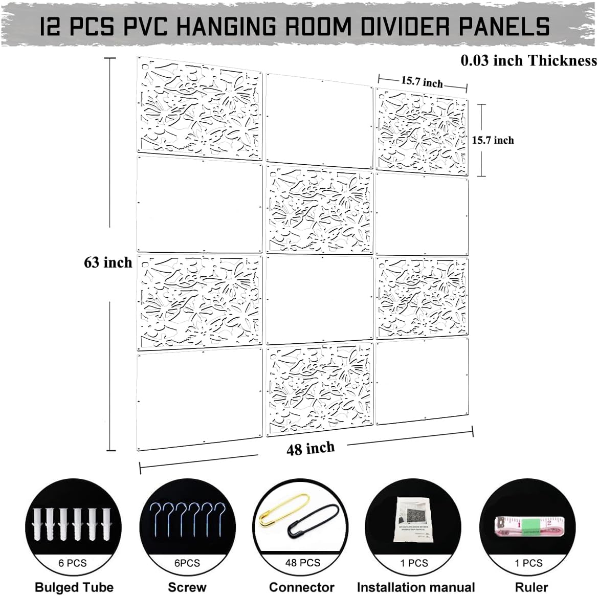 LRZCGB (Black+soild Board) - LRZCGB Hanging Room Divider,12pcs PVC Black Solid and Cut Panel Screen for Decorating Living, Dining, Study and Sitting-Room, Hotel(Black+Soild Board)