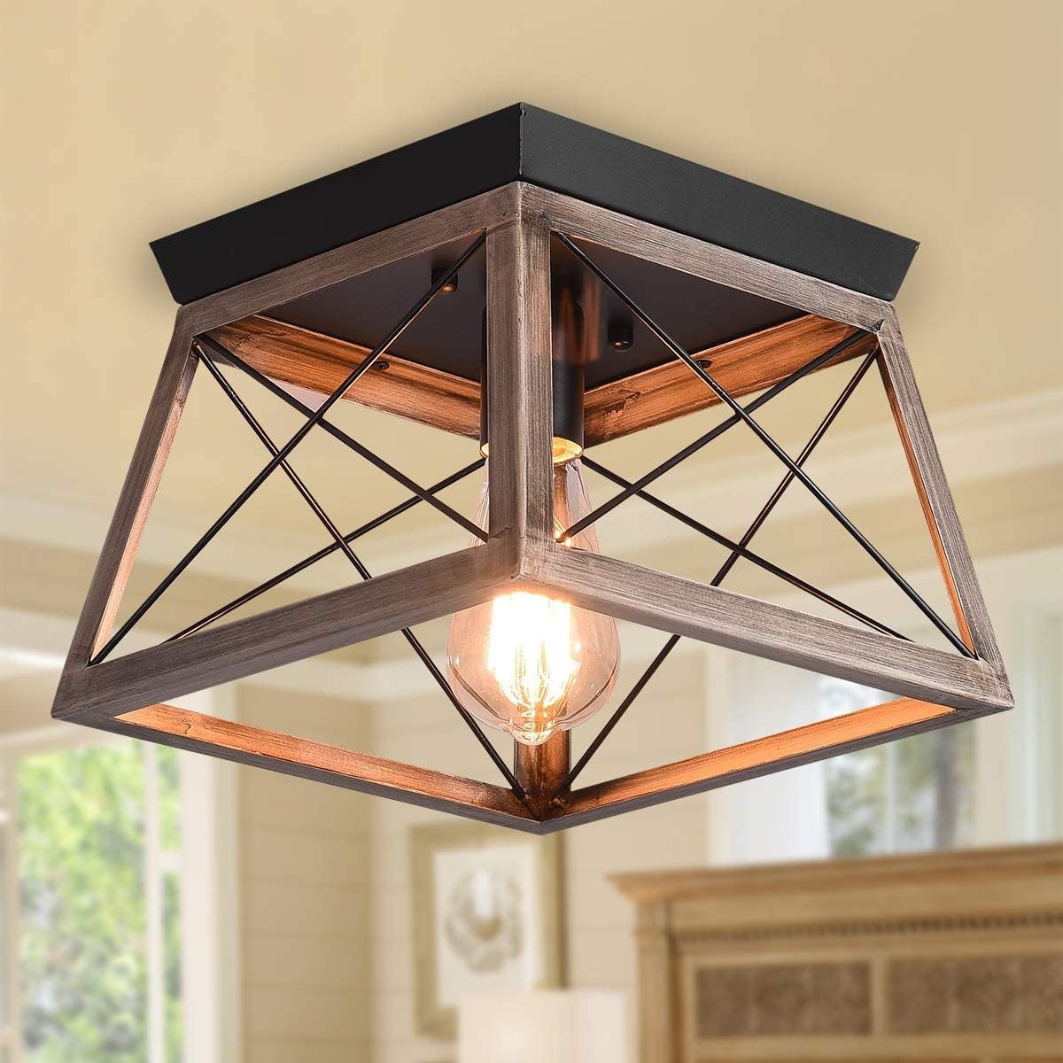 Garwarm Rustic Black Ceiling Lights Semi Flush Mount Farmhouse Ceiling Lamp, Vintage Black Industrial Lighting Ceiling Fixtures with Metal Cage for Kitchen Hallway Dining Room Entryway, E27 Base