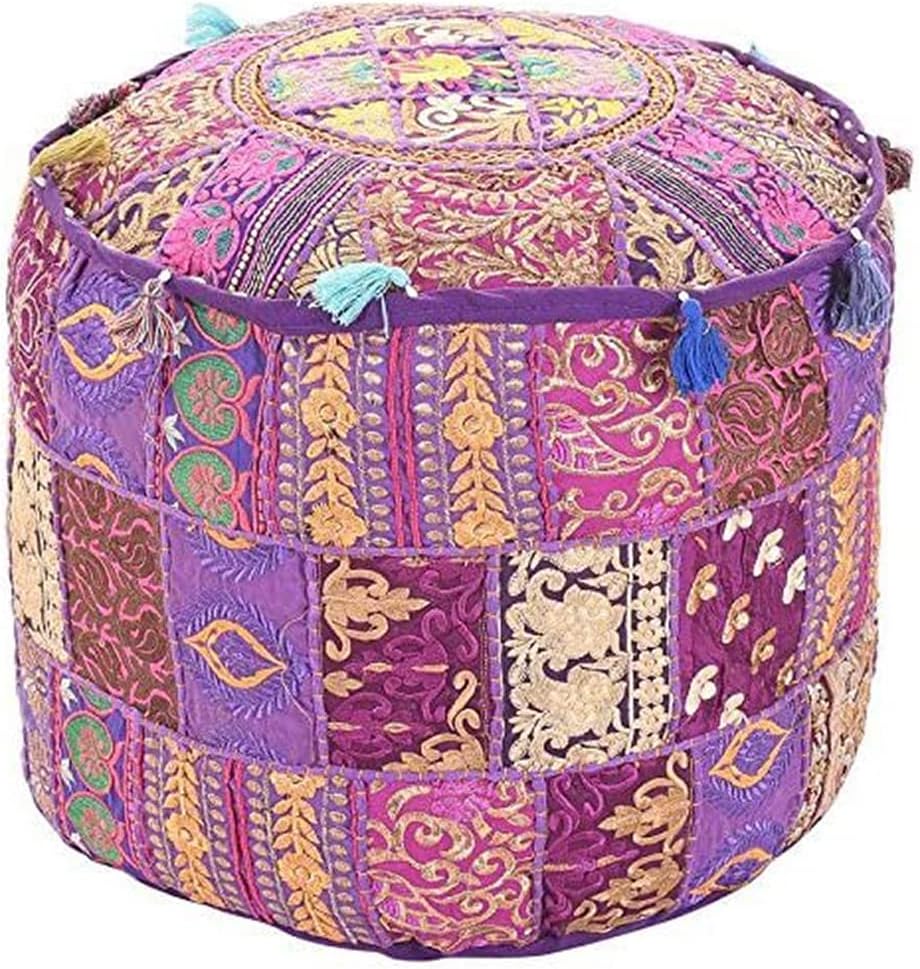 Aakriti Gallery Indian Pouf Footstool Ethnic Embroidered Pouf Cover, Indian Cotton Round Pouffe Ottoman Pouf Cover Pillow Ethnic Decor Art - Cover Only (Yellow, 18x13)