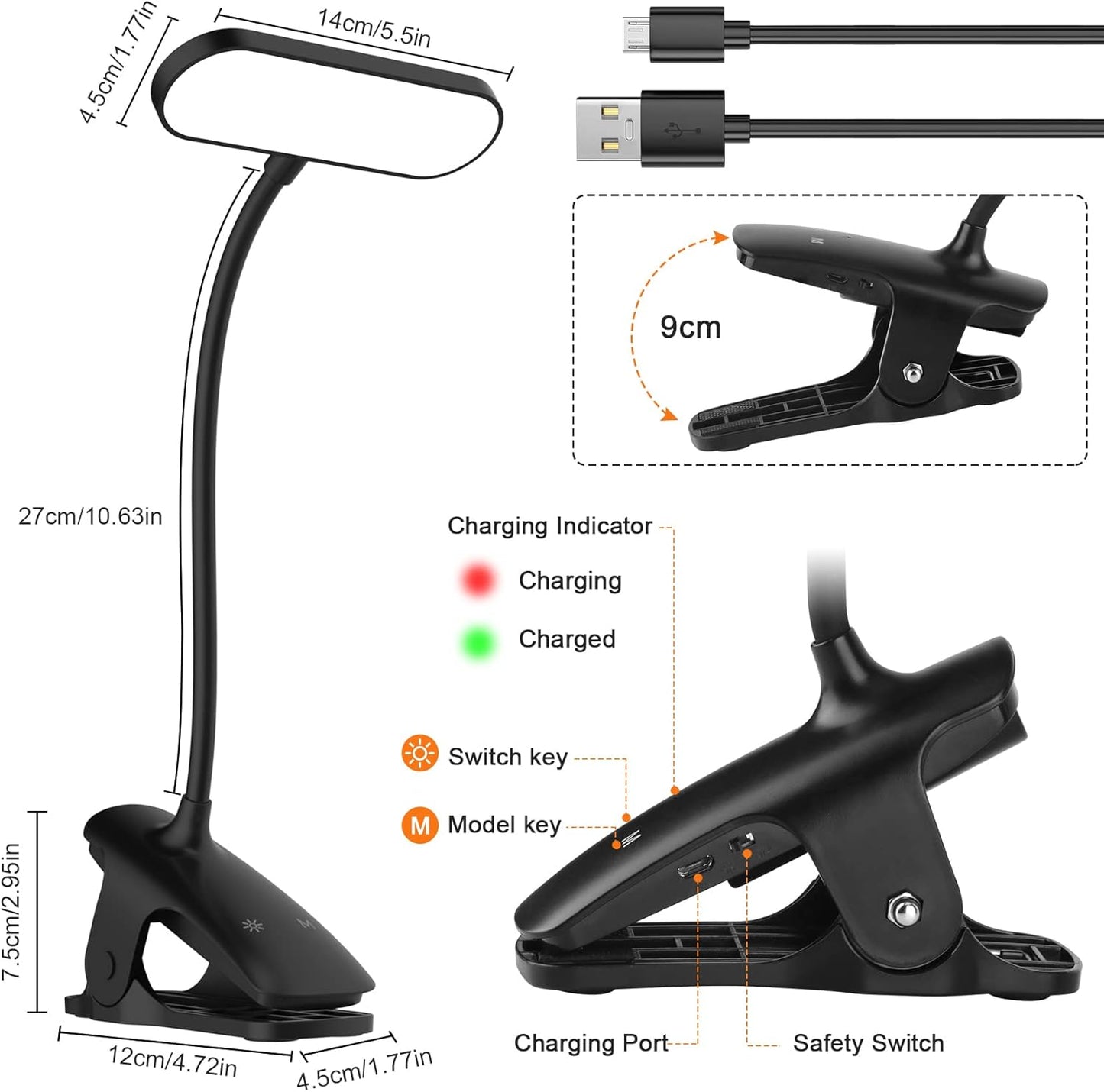 Ufanore LED Desk Lamp, Reading Light with 5 Color Modes 5 Brightness, Rechargeable, Touch Control, Dimming, Eye-caring Table Lamp for Home Office Bed Kids Study Book, Black