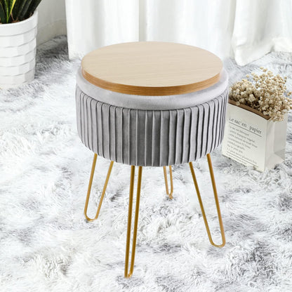 XTECH Stripe Velvet Vanity Chair Round Ottoman,Upholstered Vanity Makeup Footstool Side Table Dressing Chair with Golden Metal Legs (Green), DBXT7164-70