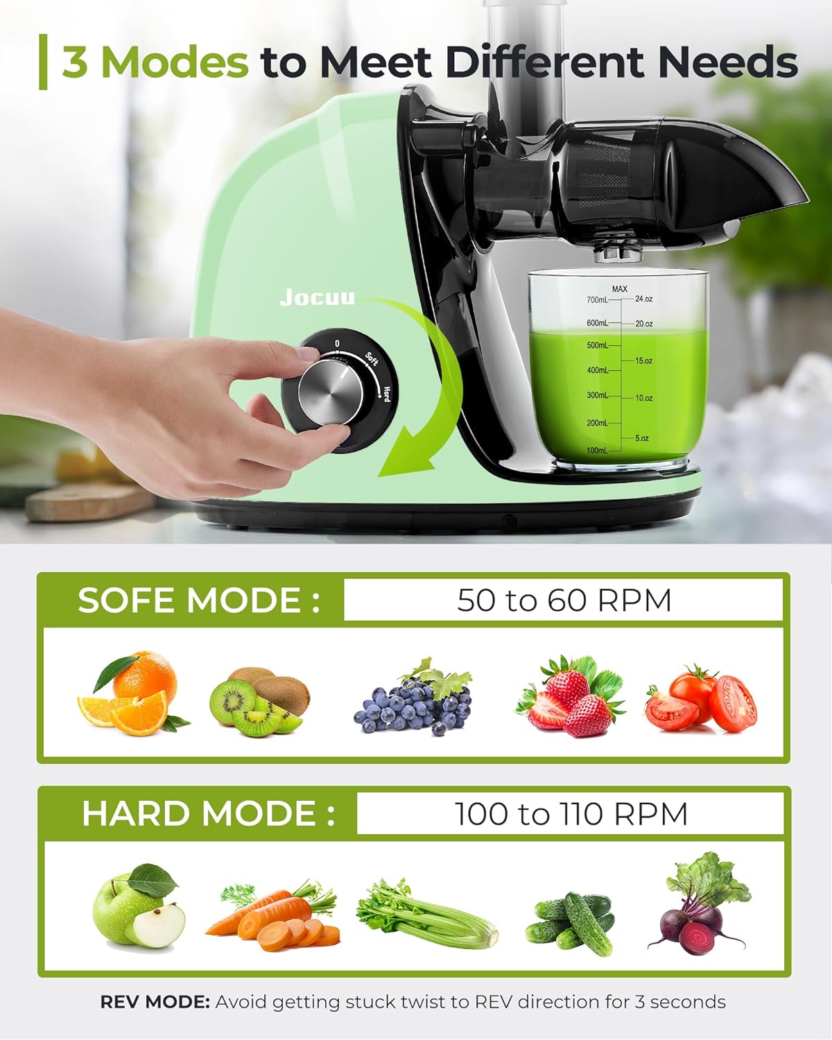 Jocuu Slow Masticating Juicer with Soft/Hard Modes Easy to Clean Quiet Motor & Reverse Function, Cold Press Juicer for Fruit & Vegetable, 90% Juice Yield, with Brush & Recipes (Gray)