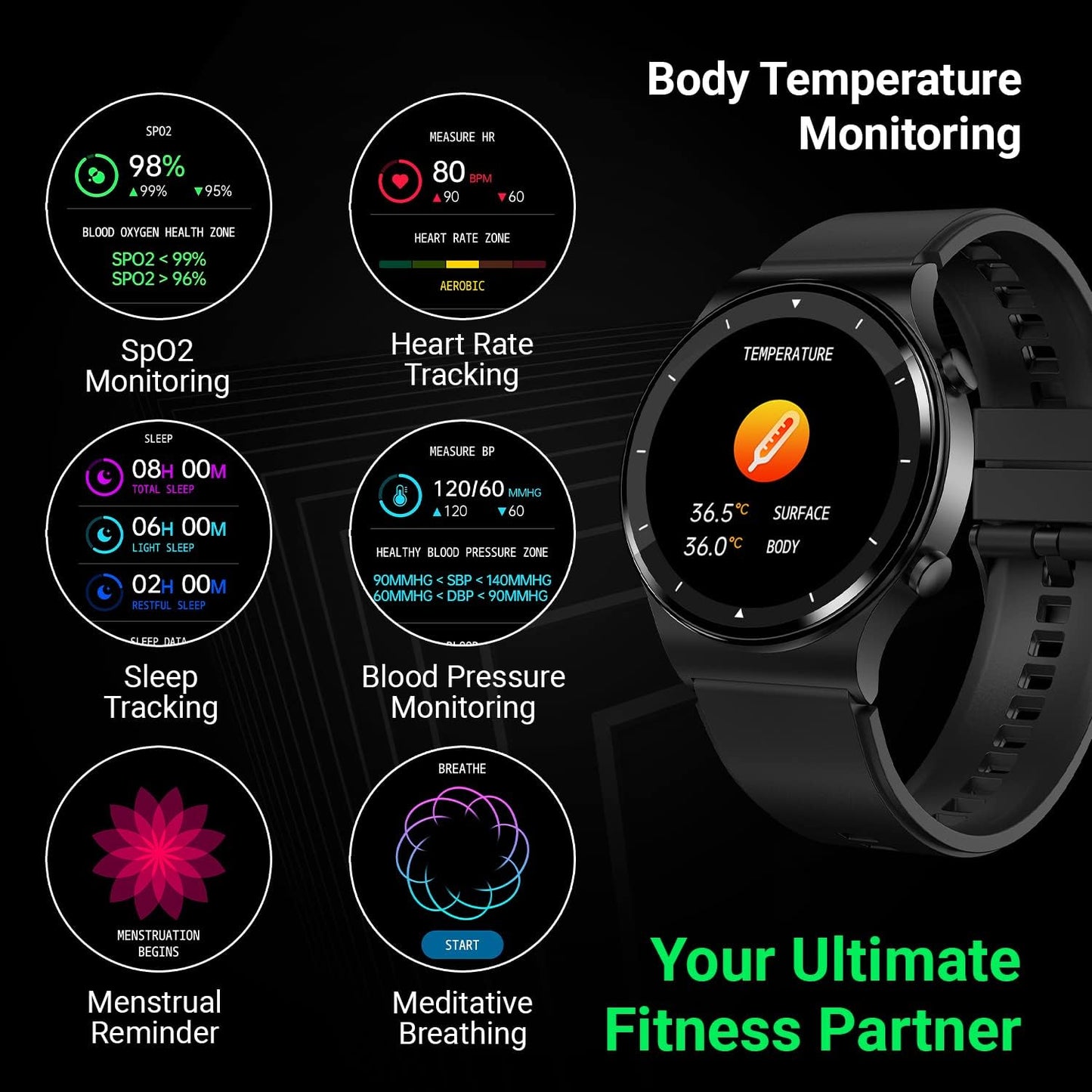 Fire-Boltt 360 Pro Bluetooth Calling 360*360 Pro Display Smart Watch With Rolling Ui & Dual Button Technology, Spo2, Heart Rate & Temperature Monitoring With Local Music And Tws Pairing - Black