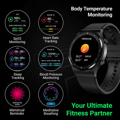 Fire-Boltt 360 Pro Bluetooth Calling 360*360 Pro Display Smart Watch With Rolling Ui & Dual Button Technology, Spo2, Heart Rate & Temperature Monitoring With Local Music And Tws Pairing - Black