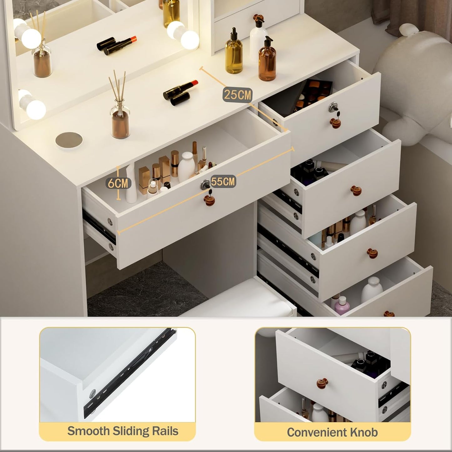 LIANWANG Dressing Table with LED Lighting, 3 Colour Temperatures, Adjustable Brightness, Dressing Table with Mirror for Make-Up, 6 Drawers, 1 Stool, 131 x 80 x 36 cm, White