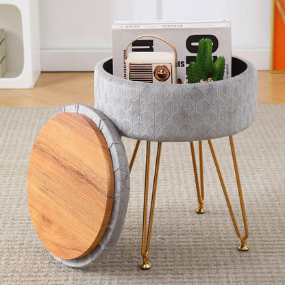 Cpintltr Footrest Footstools Round Velvet Ottoman with Storage Space Soft Vanity Chair with Memory Foam Seat Small Side Table Hallway Step Stool 4 Gold Metal Legs with Adjustable Footings Champagne