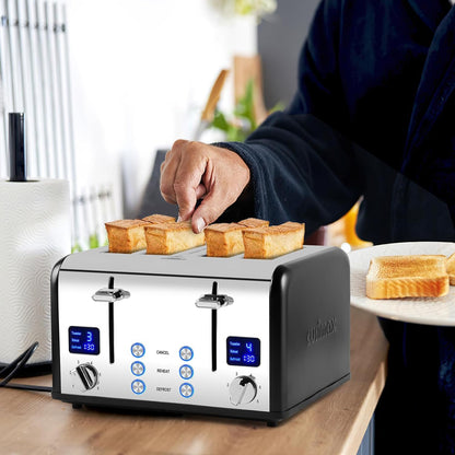 CUSIMAX 4 Slice Toaster LED Display Bread Toaster with Dual Control Panels of Timer, Extra Wide Slots and 6 Browning Settings, Cancel/Reheat/Defrost Function, Removable Crumb Trays, Silver