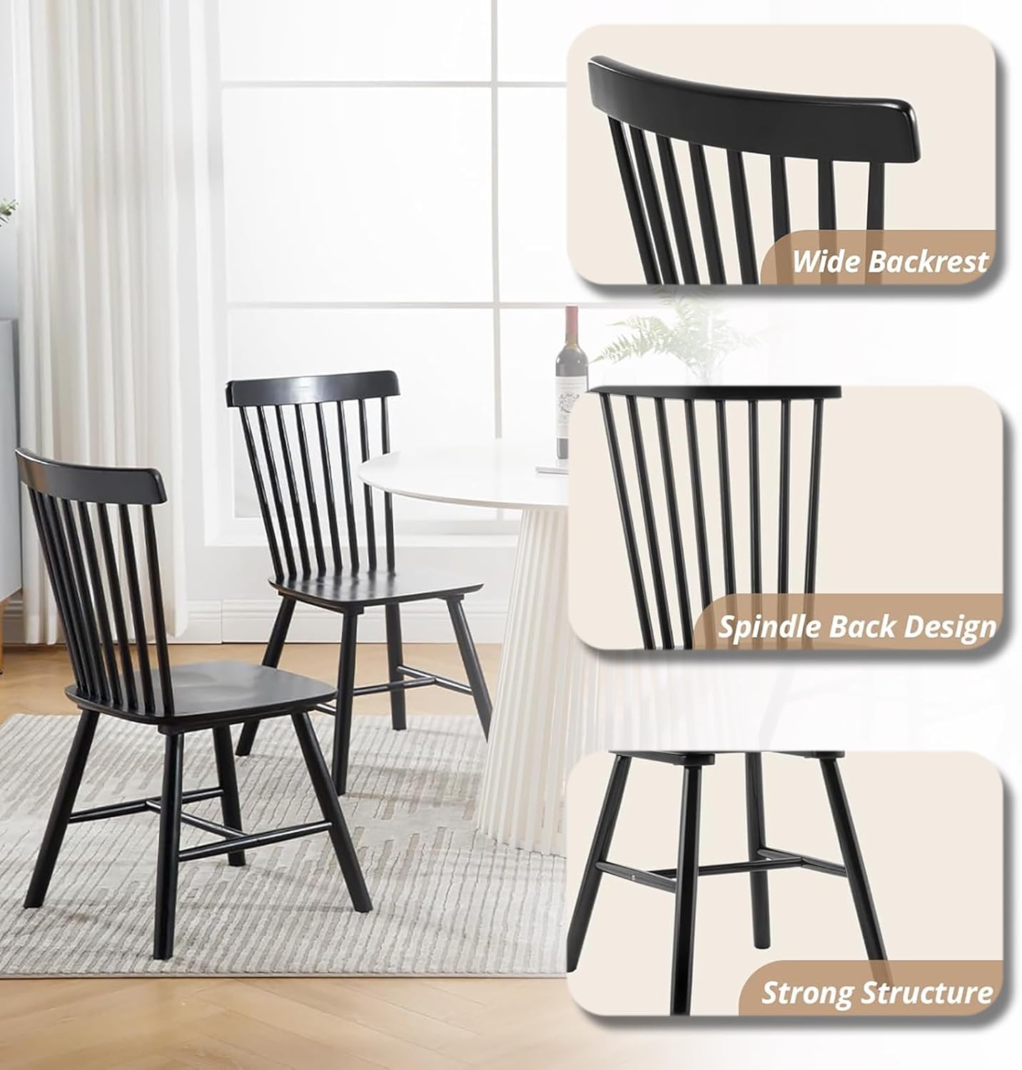 SPNOR Dining Chairs Set of 2, Windsor Dining Chair, Spindle Back Wood Dining Chair, Kitchen Chairs Wooden Dining Chair, Farmhouse Dining Chairs for Kitchen and Dining Room, Black